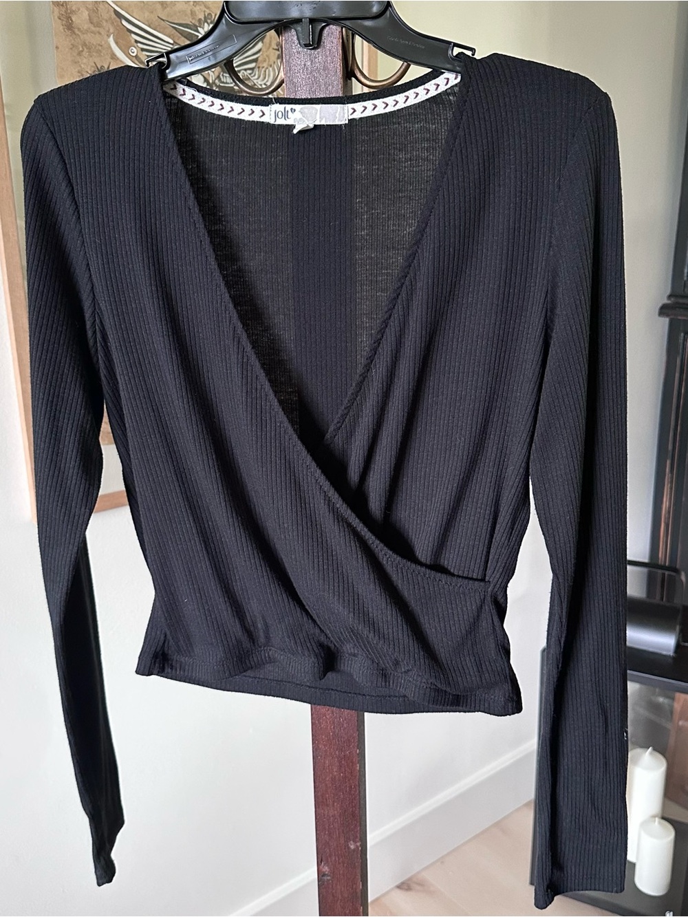 Jolt Black Ribbed Wrap Long-Sleeve Top